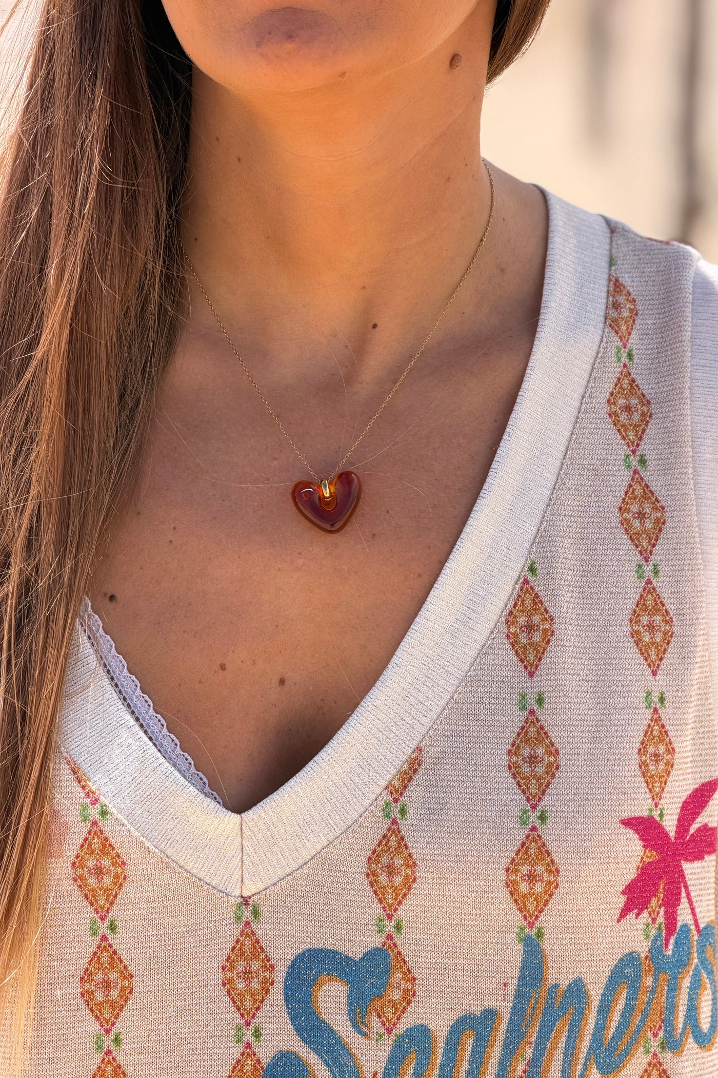 Brown Amber Sea Glass Heart Pendant Necklace

