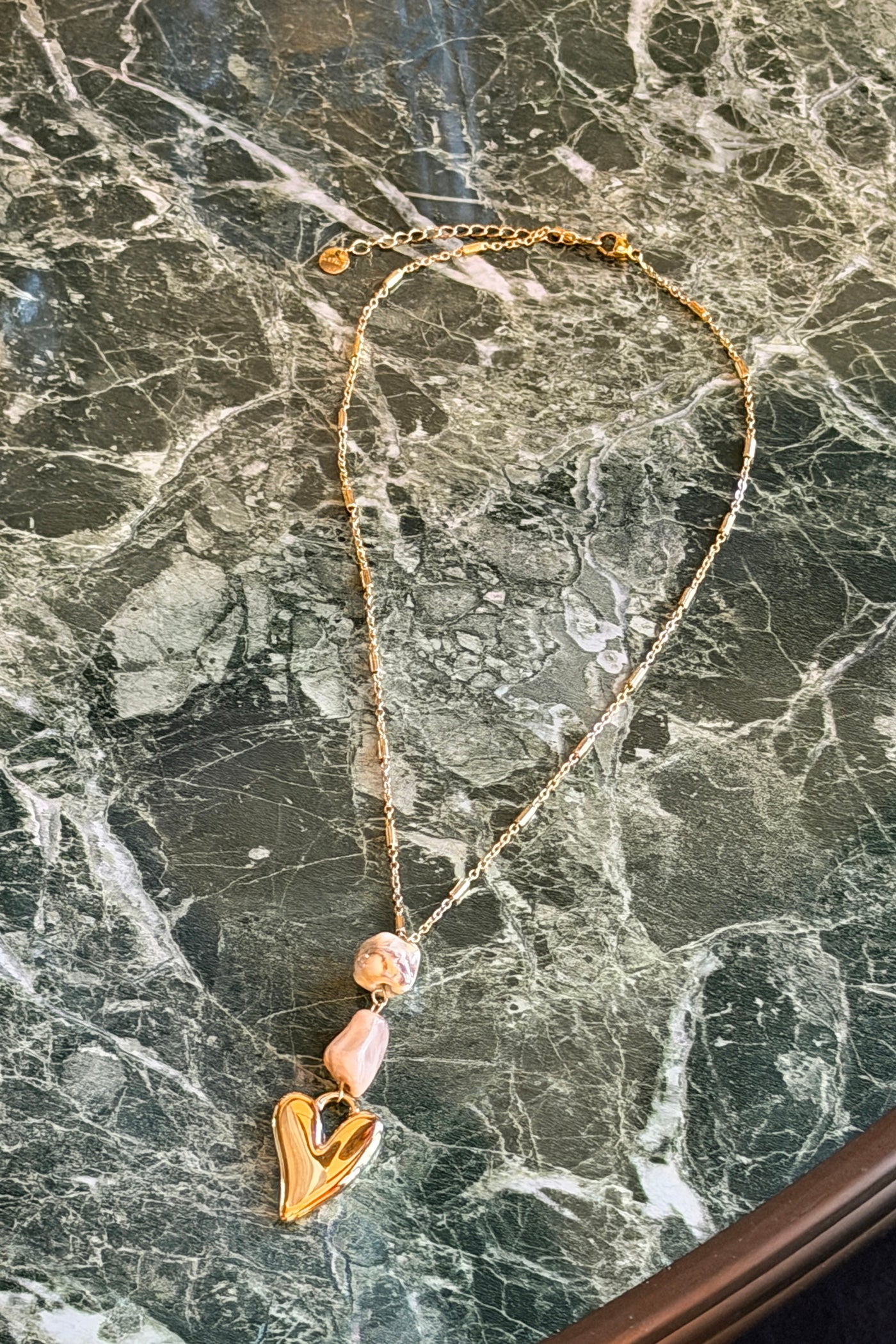 Golden Heart and Sea Glass Pendant Necklace
