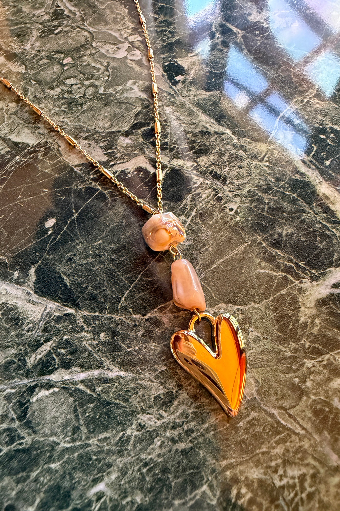 Golden Heart and Sea Glass Pendant Necklace

