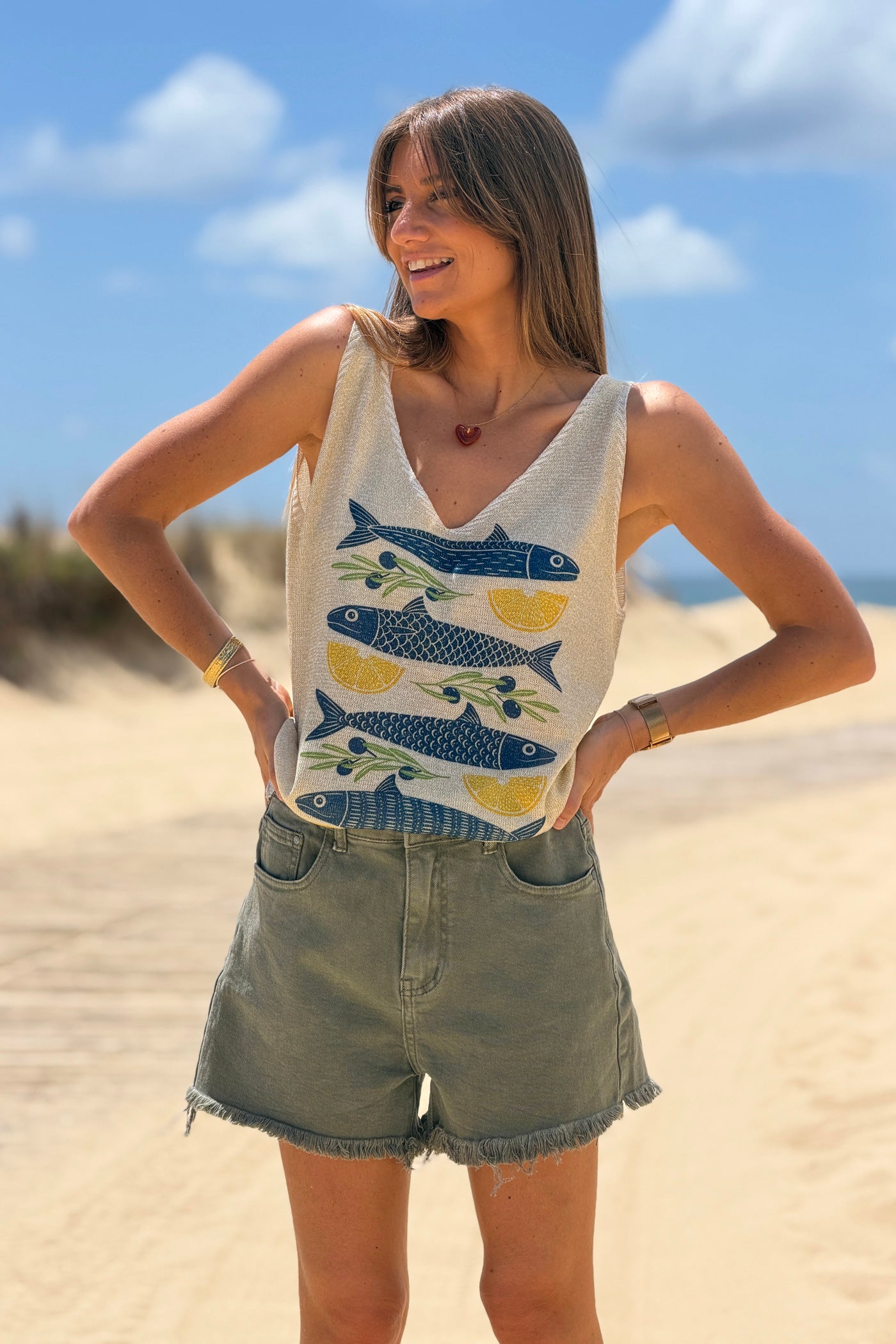 Débardeur en maille brillante lurex poissons et citrons