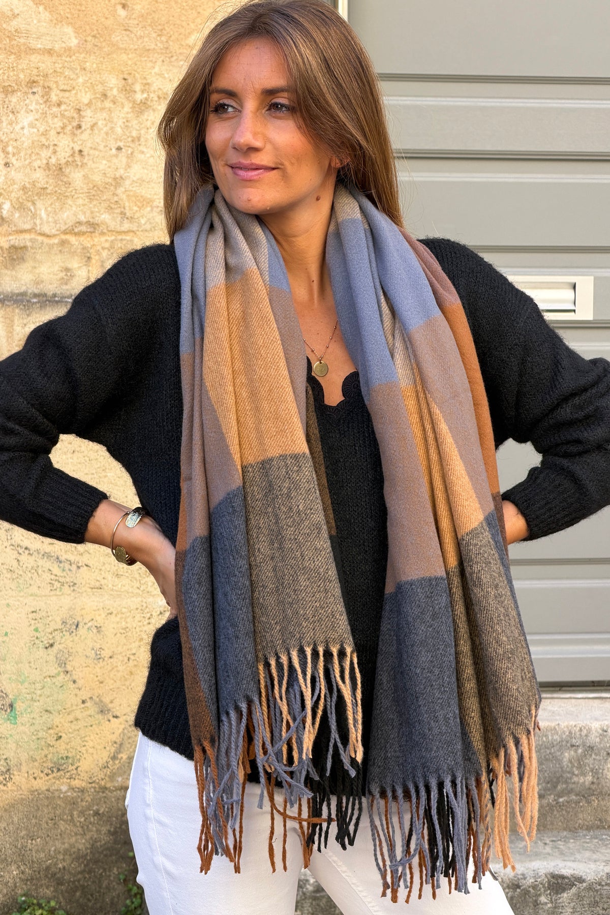 Pumpkin XL Plaid Fringe Scarf