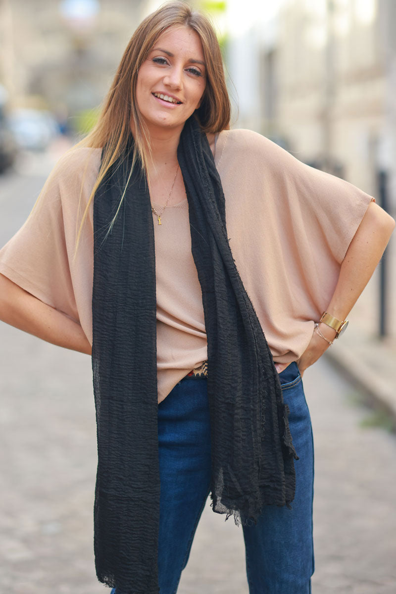 Black soft fine scarf with small fringe details