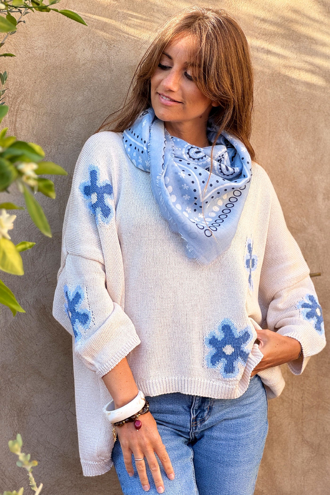 Écharpe foulard bleu ciel imprimé Bandana tout doux