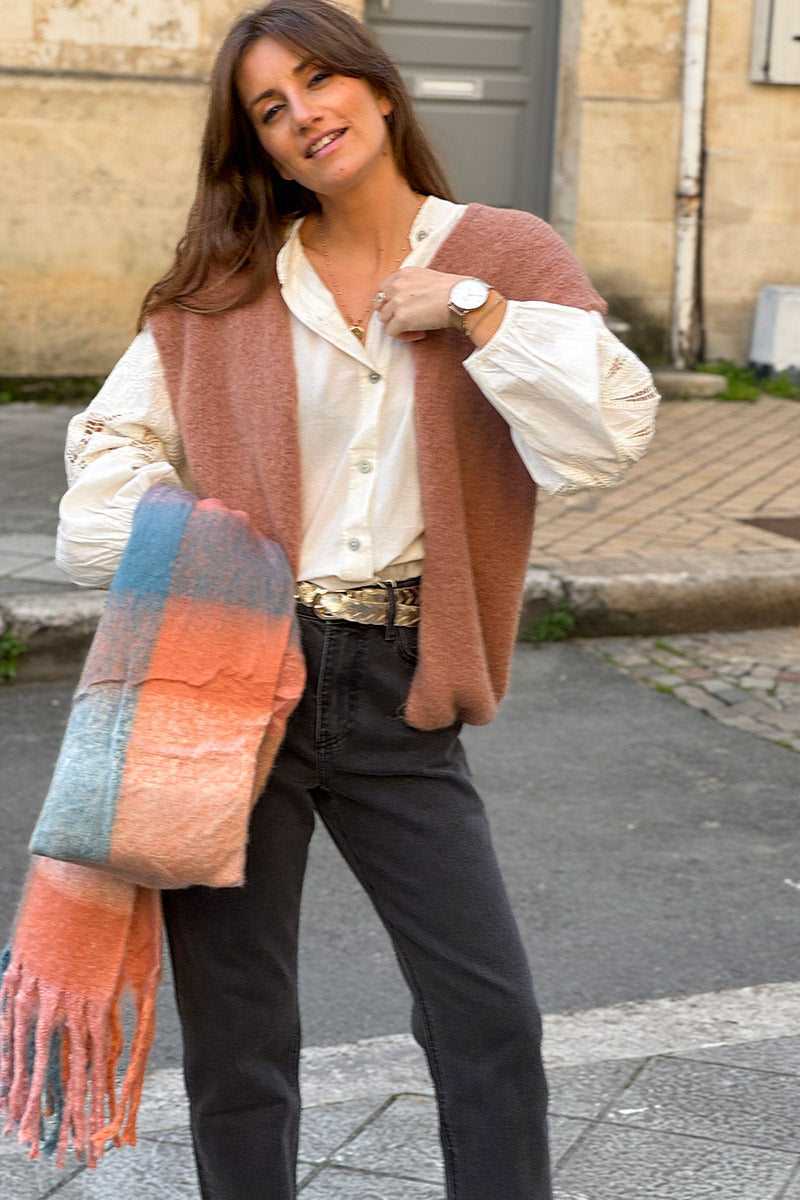 Écharpe toute douce à carreaux pastel vieux rose et bleu avec franges