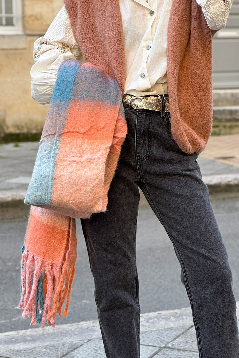 Écharpe toute douce à carreaux pastel vieux rose et bleu avec franges