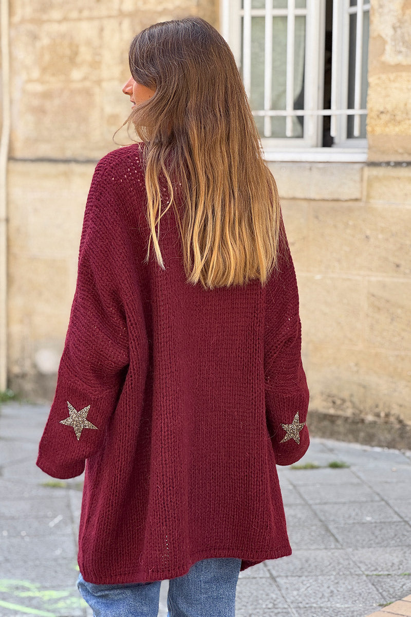 Gilet aubergine mi long grosses mailles étoile strass manches