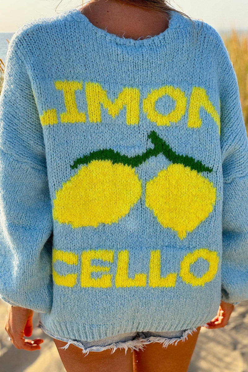 Gilet bleu ciel en grosse maille et gros boutons citron limoncello au dos