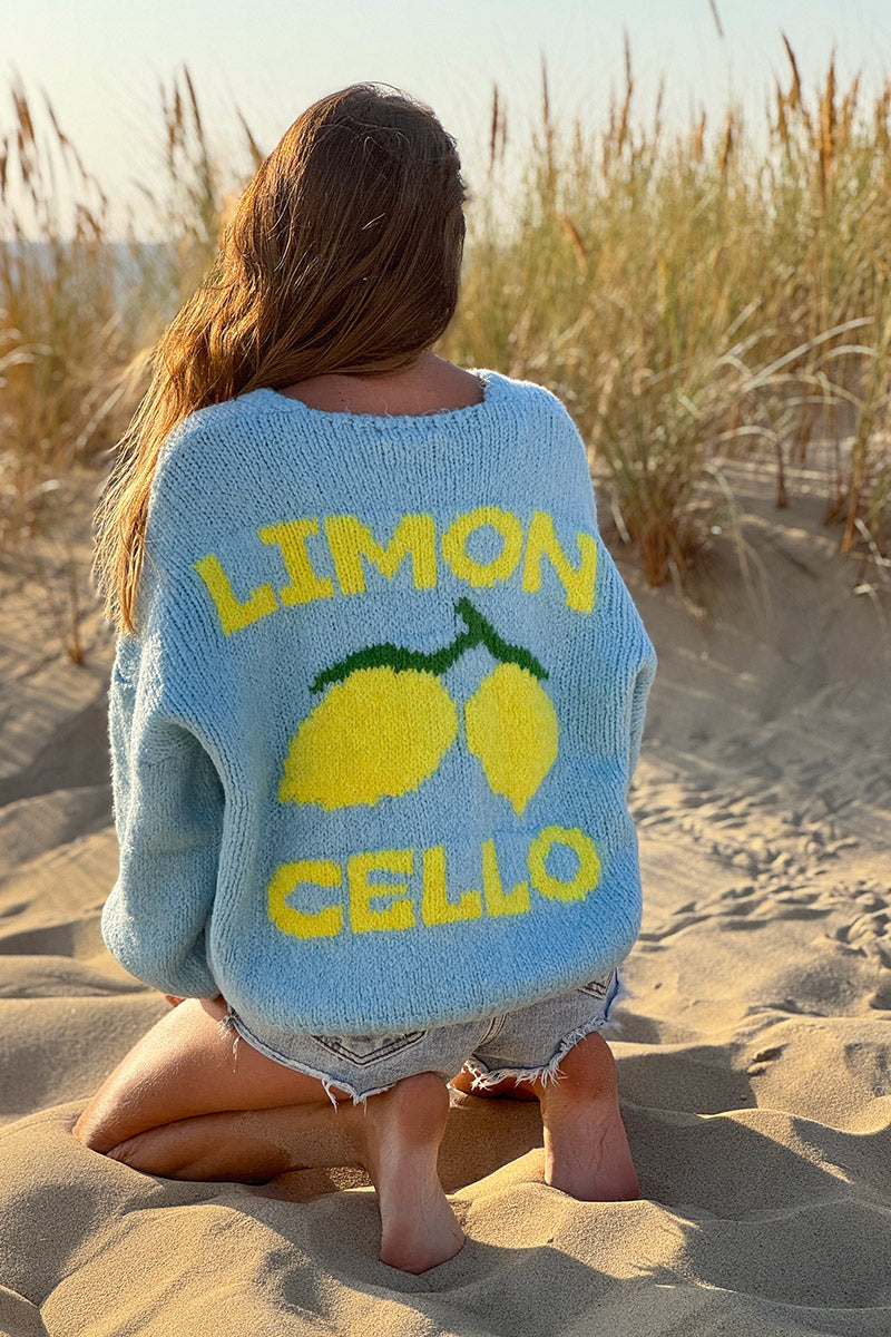 Gilet bleu ciel en grosse maille et gros boutons citron limoncello au dos