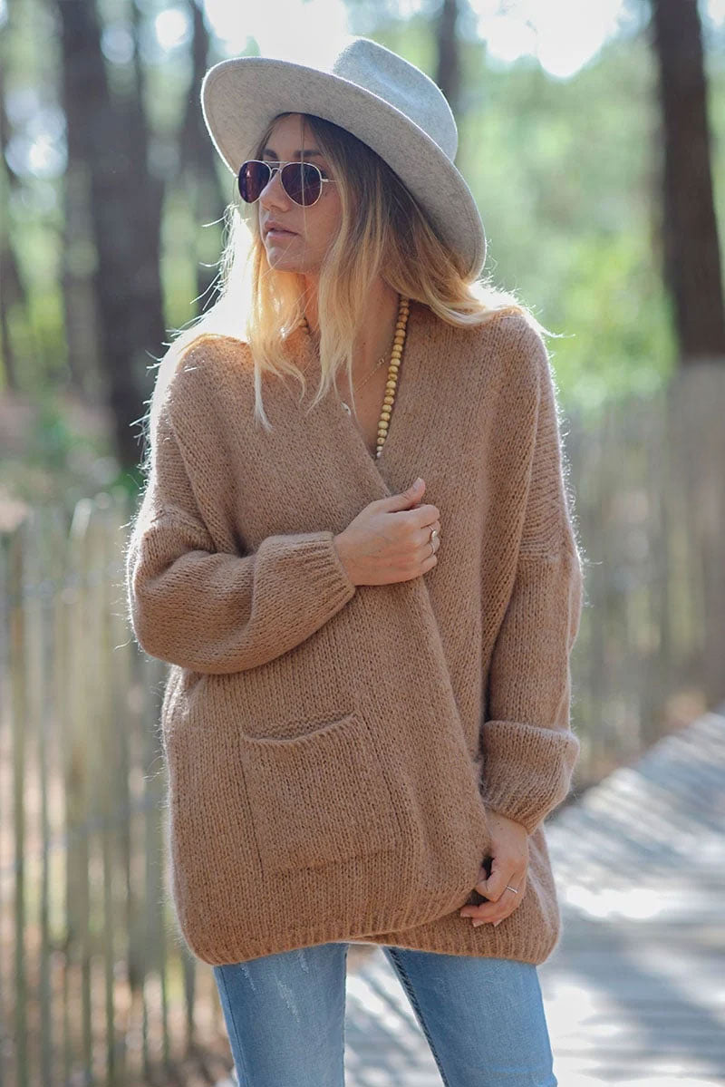 Gilet camel col enveloppant avec poches