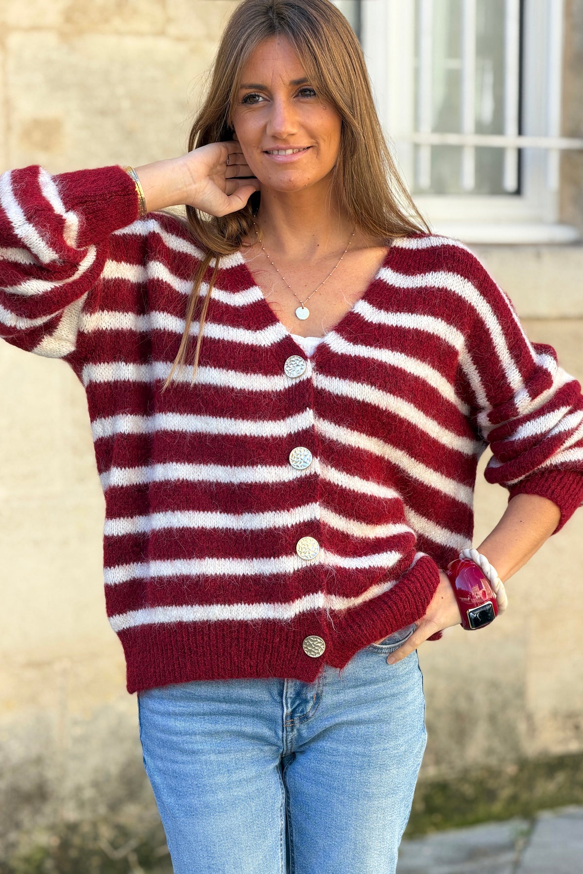 Burgundy Wine Stripe Wool Blend Knit Cardigan