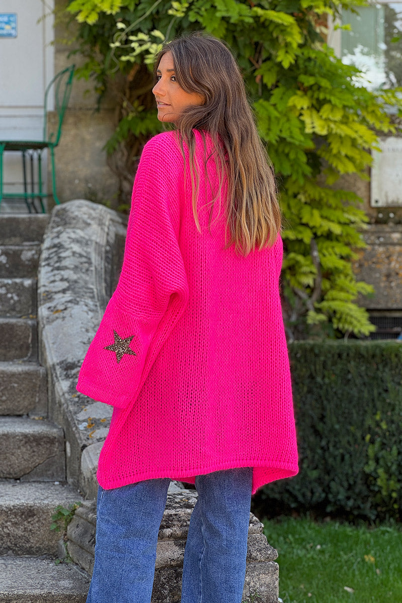 Neon fuchsia Drop-Sleeve Knit Duster with Star Studded Cuffs