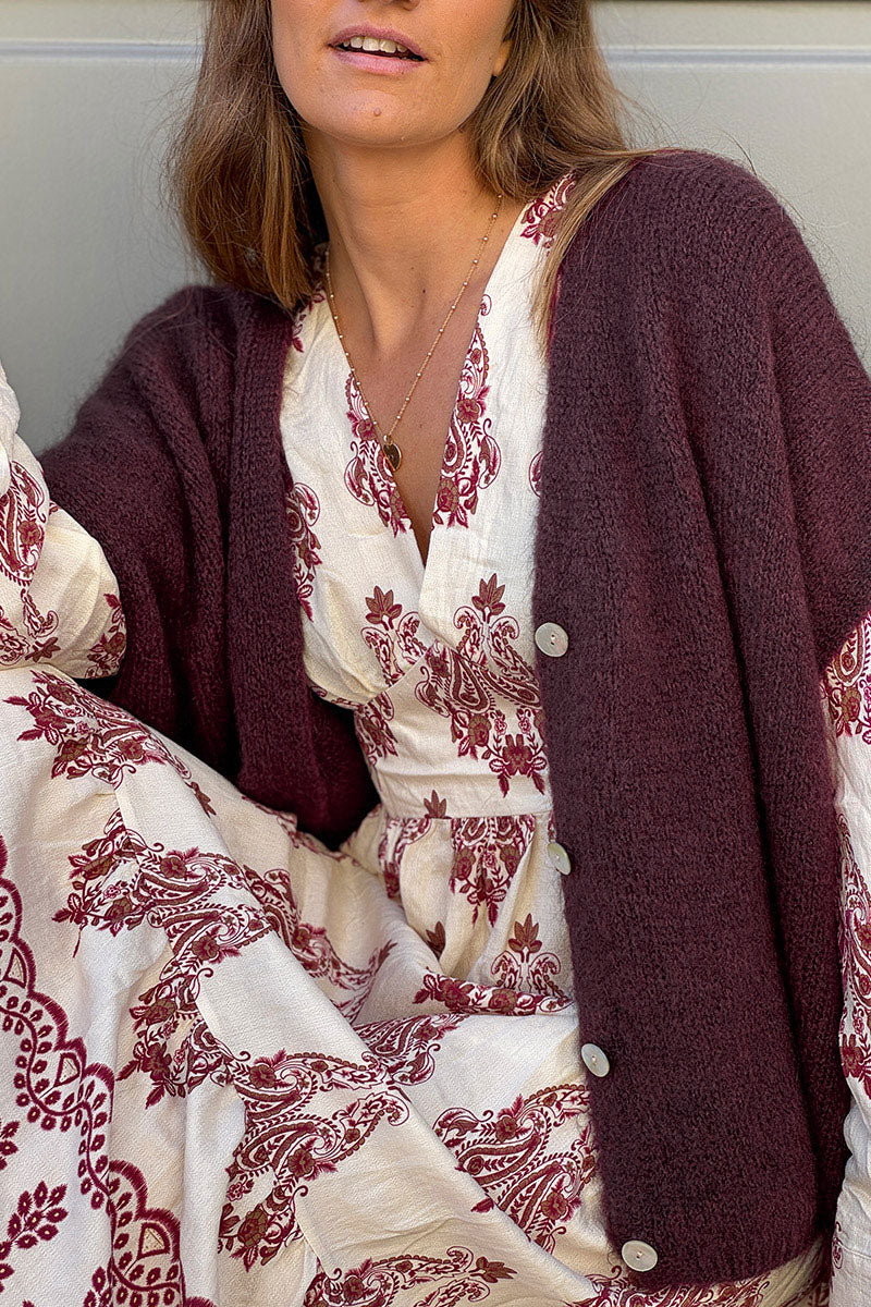 Gilet large et loose aubergine sans manches en maille kid mohair avec boutons nacrés