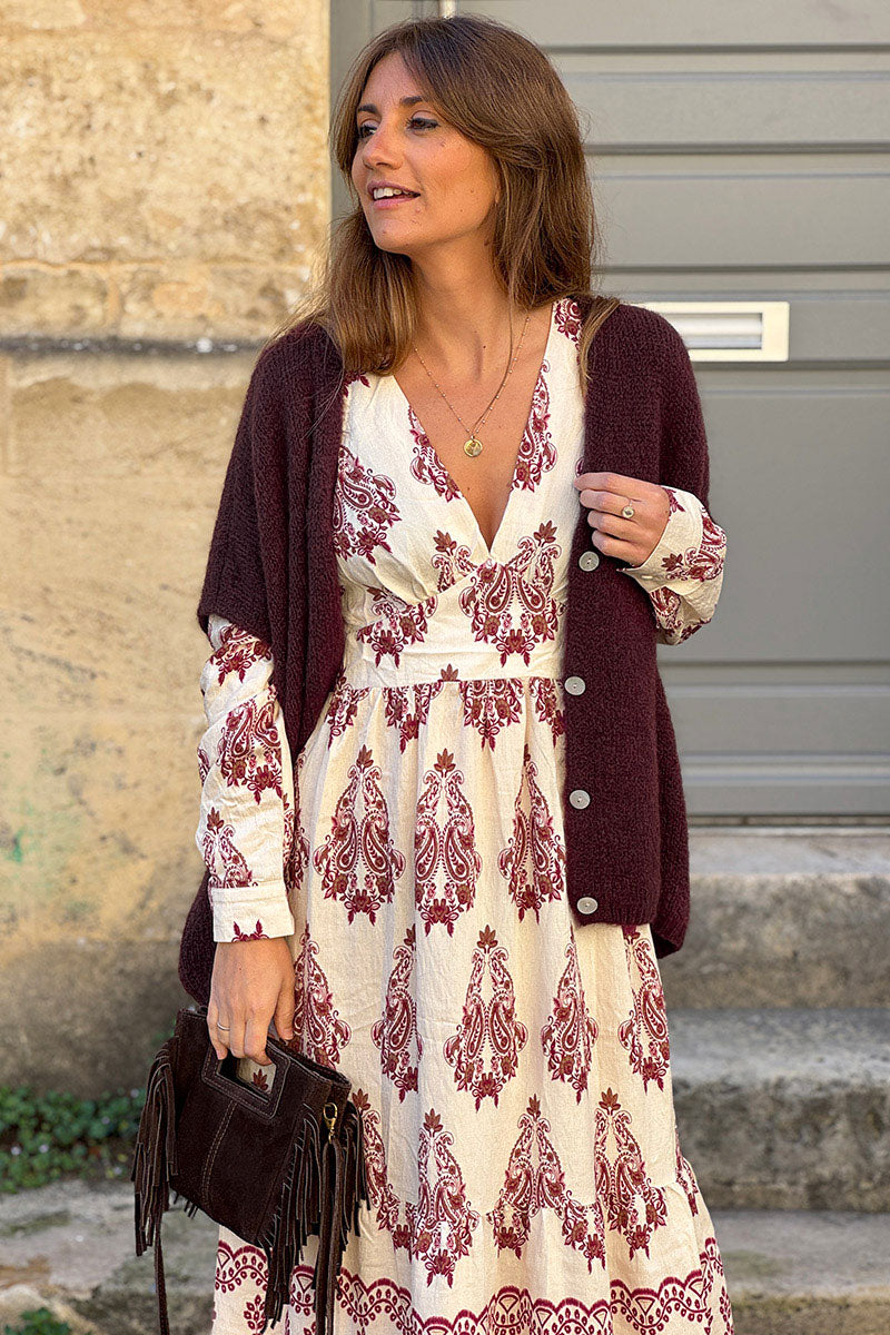 Gilet large et loose aubergine sans manches en maille kid mohair avec boutons nacrés