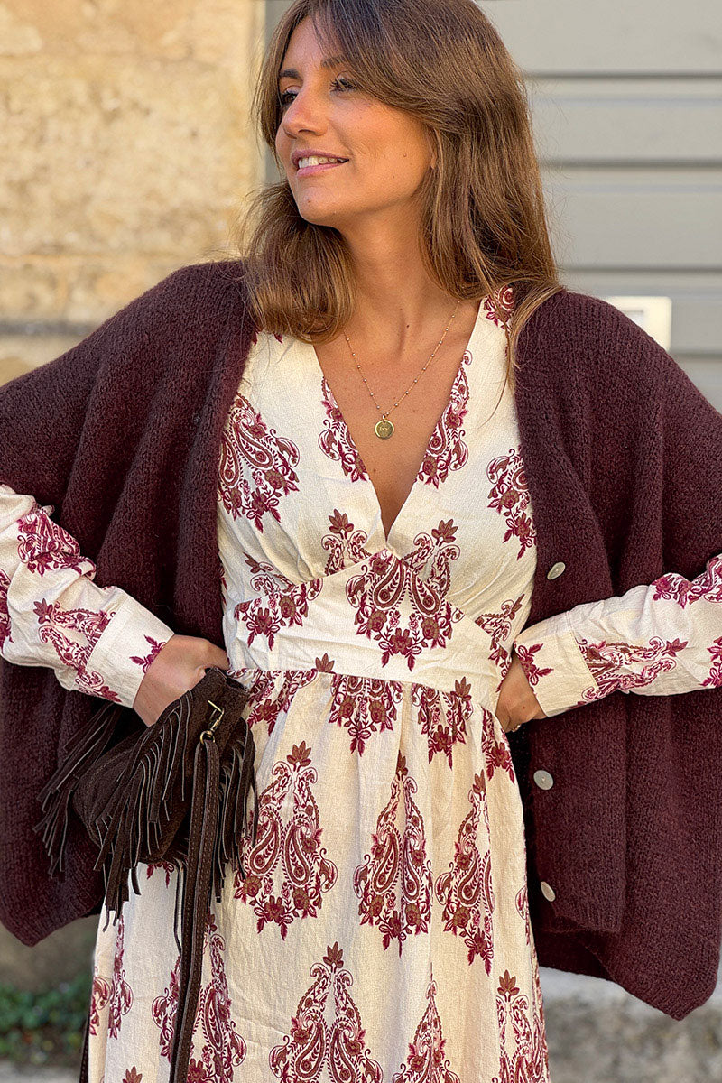 Gilet large et loose aubergine sans manches en maille kid mohair avec boutons nacrés
