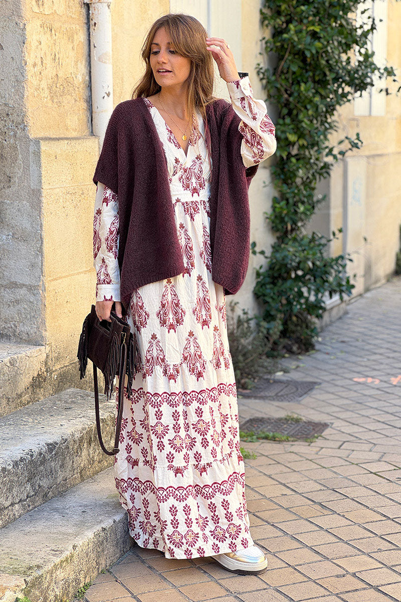 Gilet large et loose aubergine sans manches en maille kid mohair avec boutons nacrés