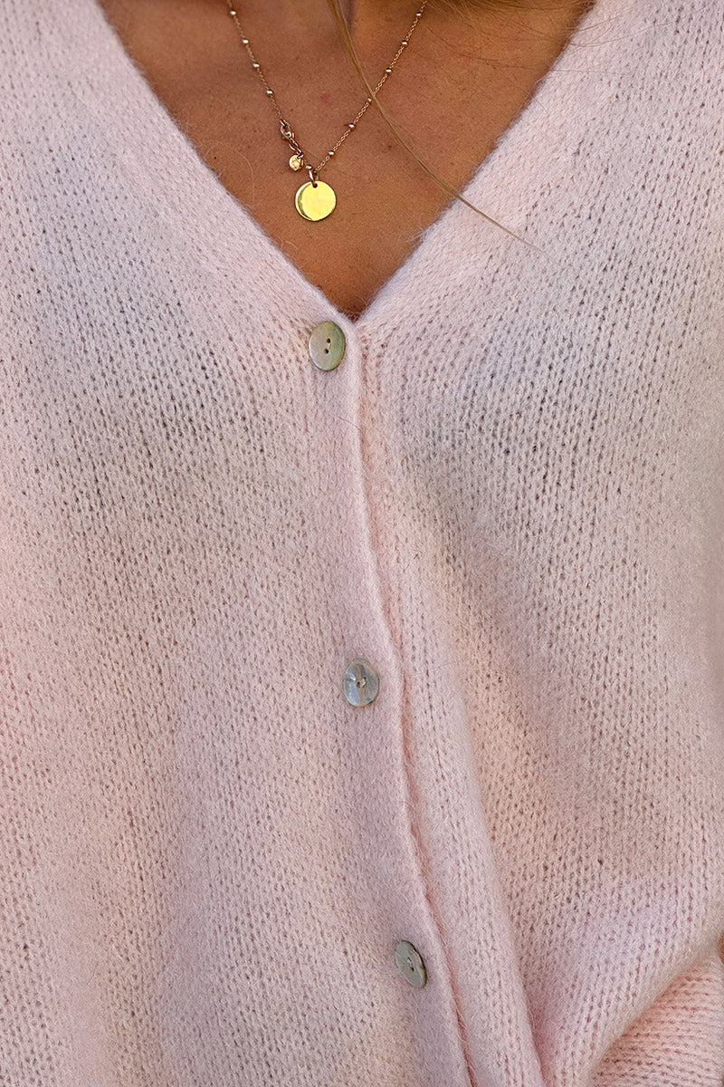 Gilet large et loose rose pâle sans manches en maille kid mohair boutons nacrés