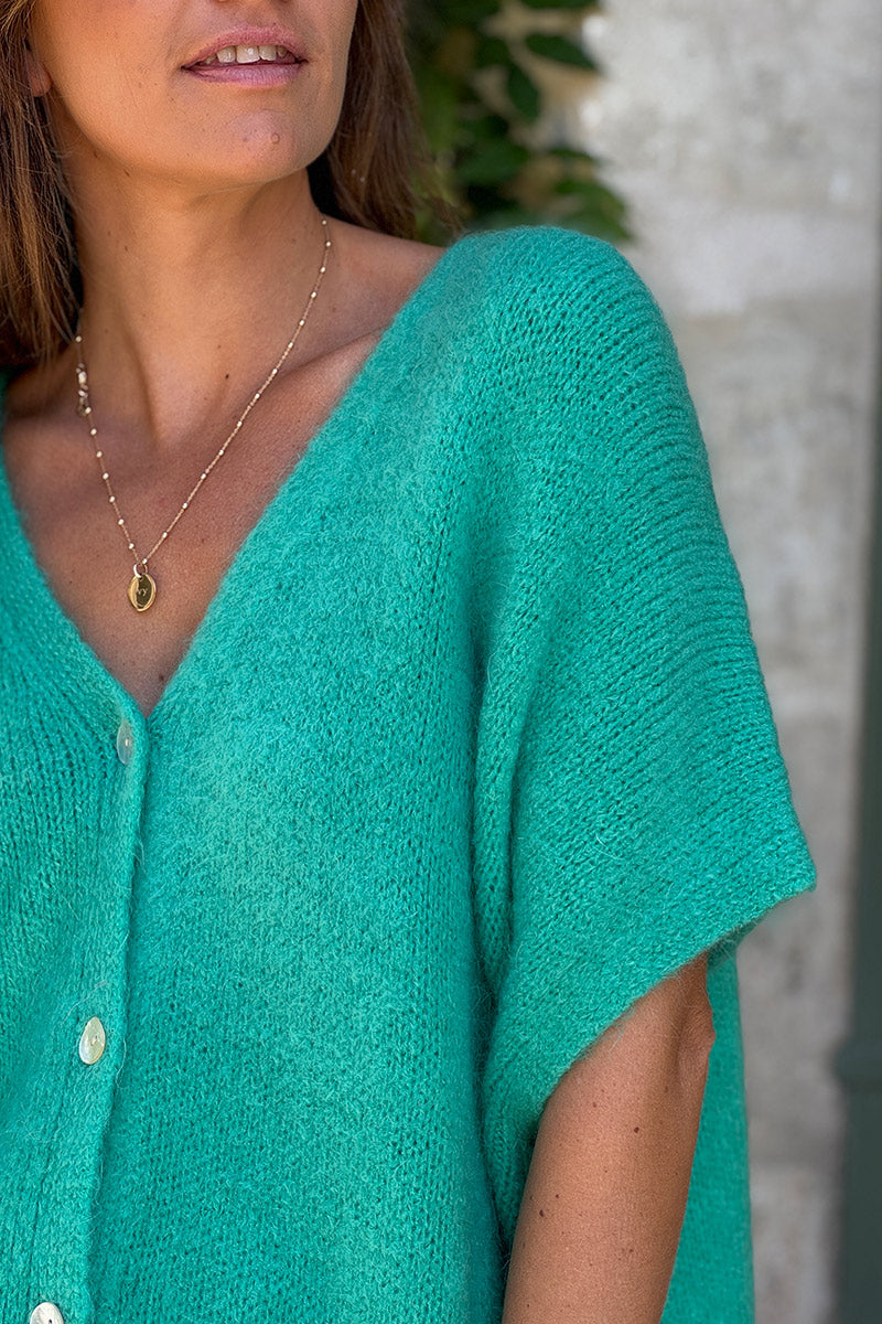 Gilet large et loose vert menthe sans manches en maille kid mohair boutons nacrés
