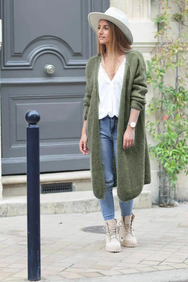Olive Knit Duster with Star Studded Elbow Patches
