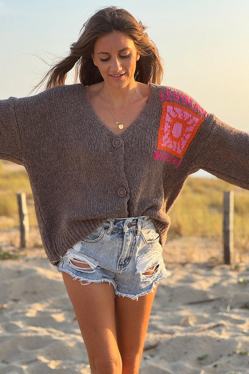 Brown Knit “Le Soleil” Cardigan Sweater