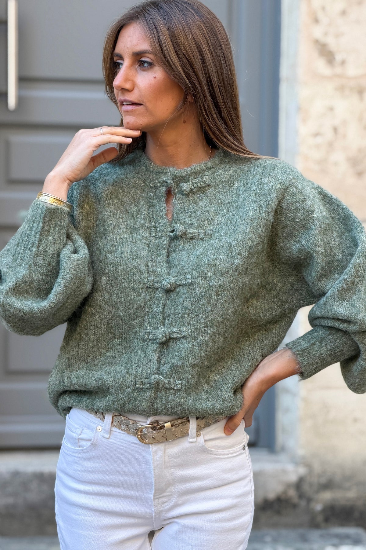 Sage Marled Knit Mohair Sweater Jacket
