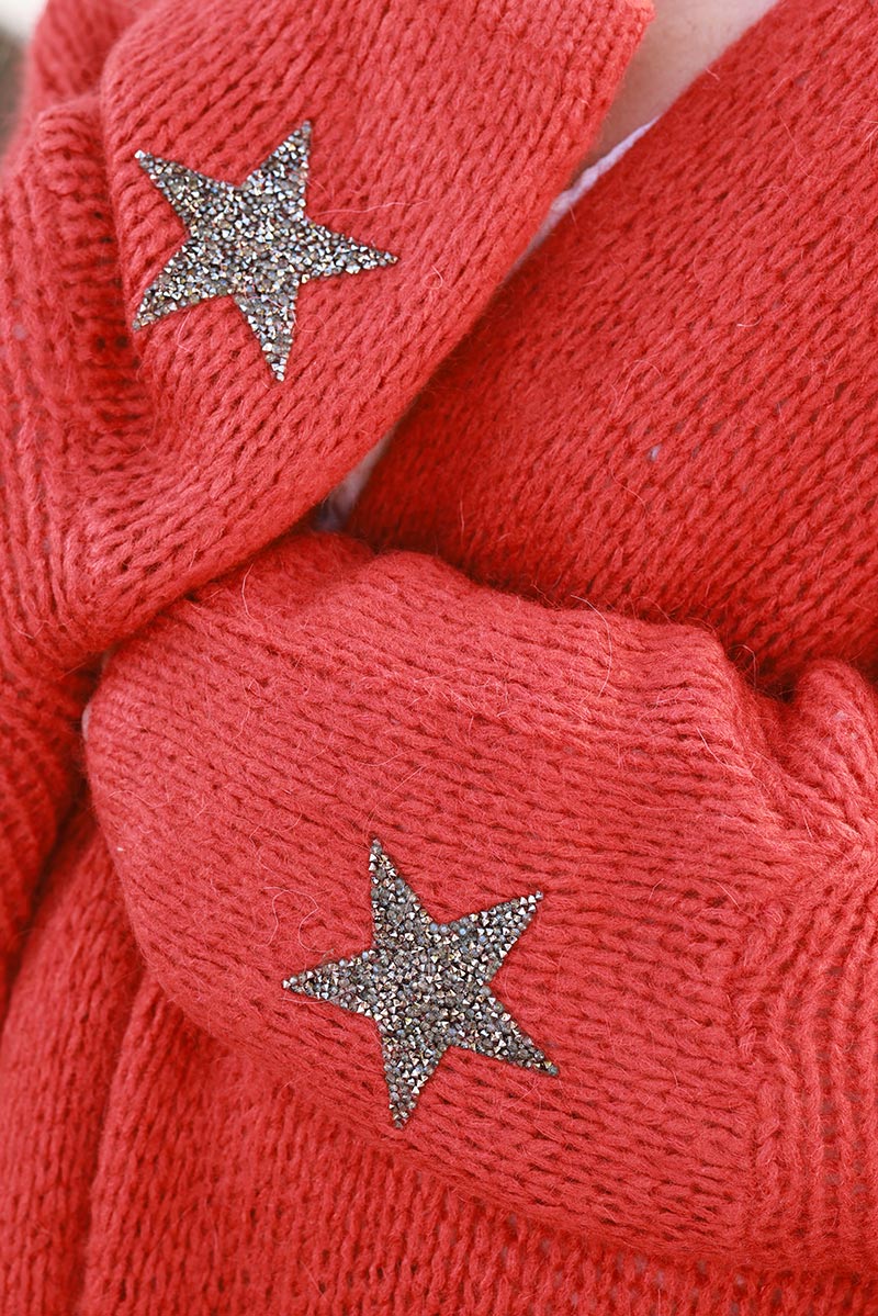 Red Drop-Sleeve Knit Duster with Star Studded Cuffs