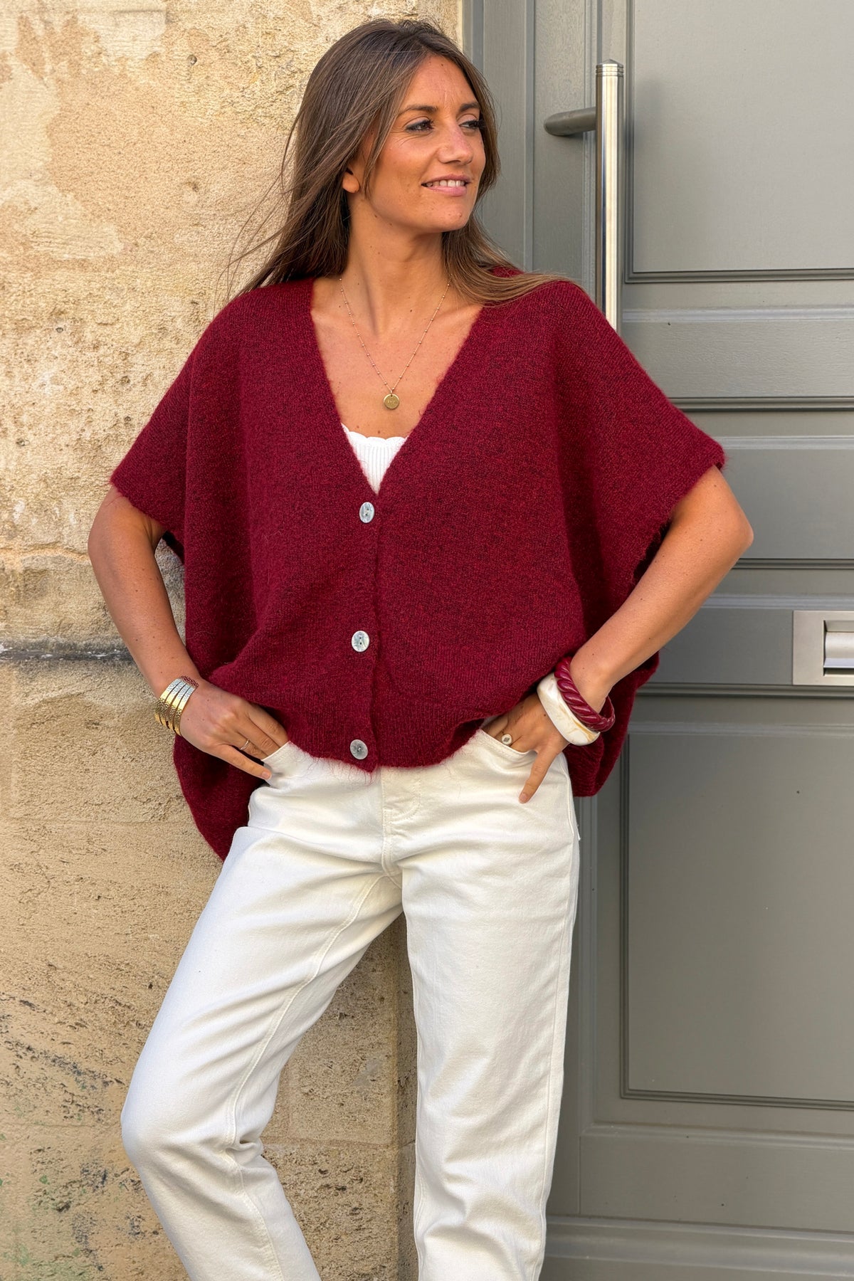 Gilet sans manches bordeaux coupe loose en maille chinée boutons nacrés