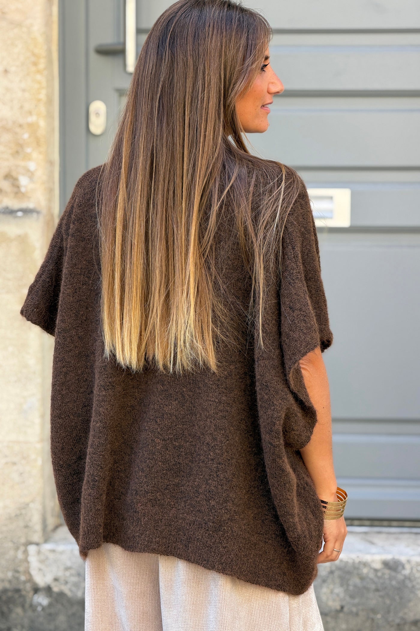 Gilet sans manches marron coupe loose en maille chinée boutons nacrés