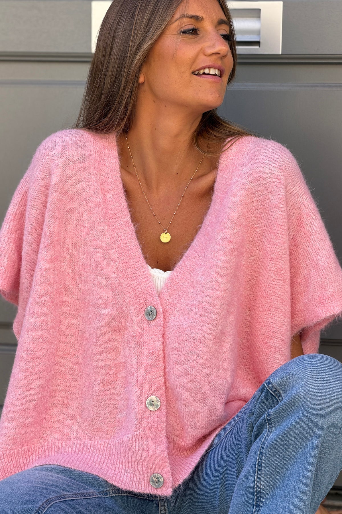 Gilet sans manches rose coupe loose en maille chinée boutons nacrés
