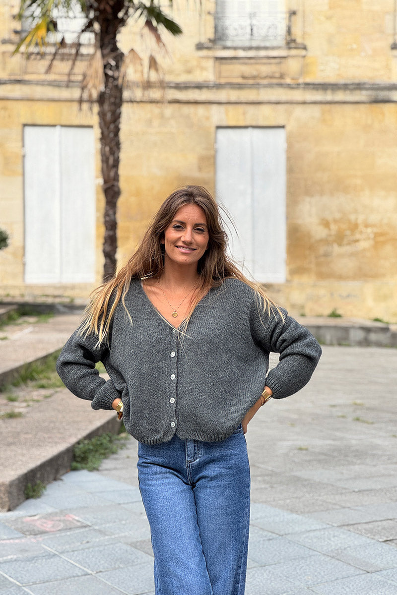 Gray Mother of Pearl Button through V-Neck Cardigan