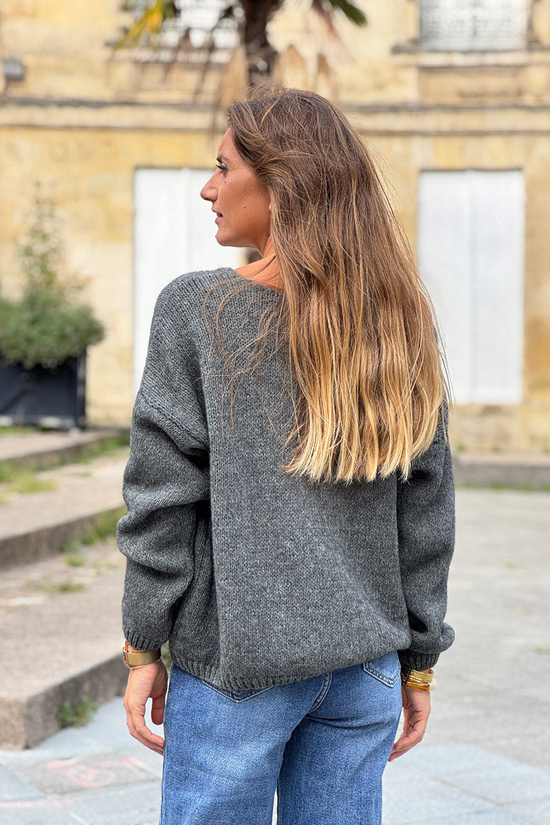 Gray Mother of Pearl Button through V-Neck Cardigan