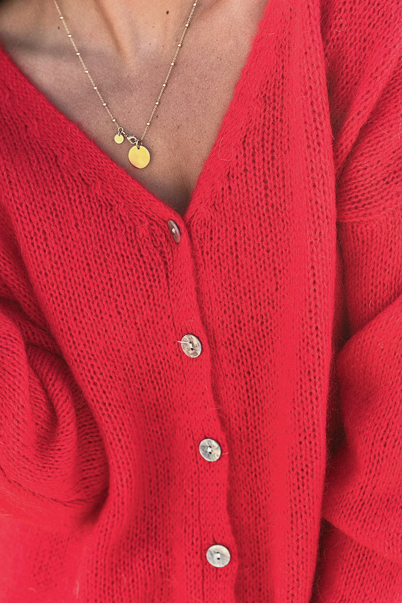 Red Mother of Pearl Button through V-Neck Cardigan