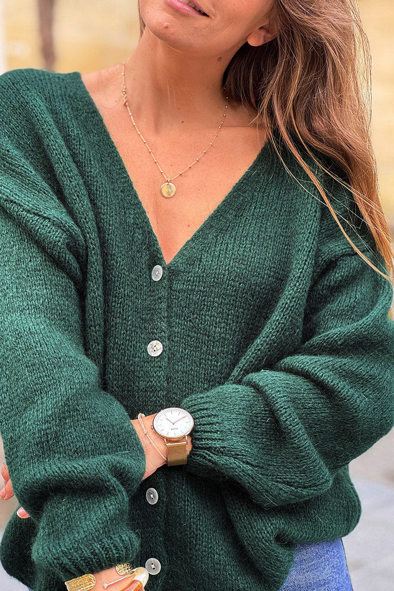 Evergreen Mother of Pearl Button through V-Neck Cardigan