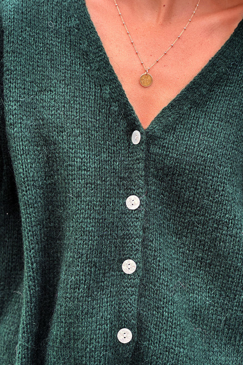Evergreen Mother of Pearl Button through V-Neck Cardigan