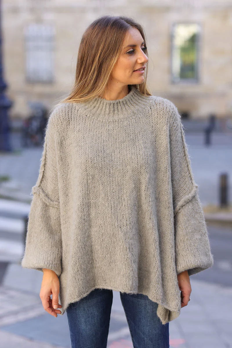 Beige Chunky Knit Sweater Oversized and Funnel Neck