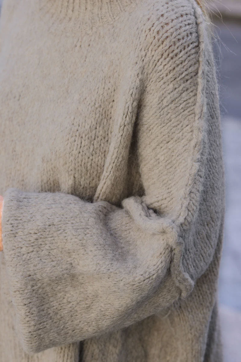 Beige Chunky Knit Sweater Oversized and Funnel Neck