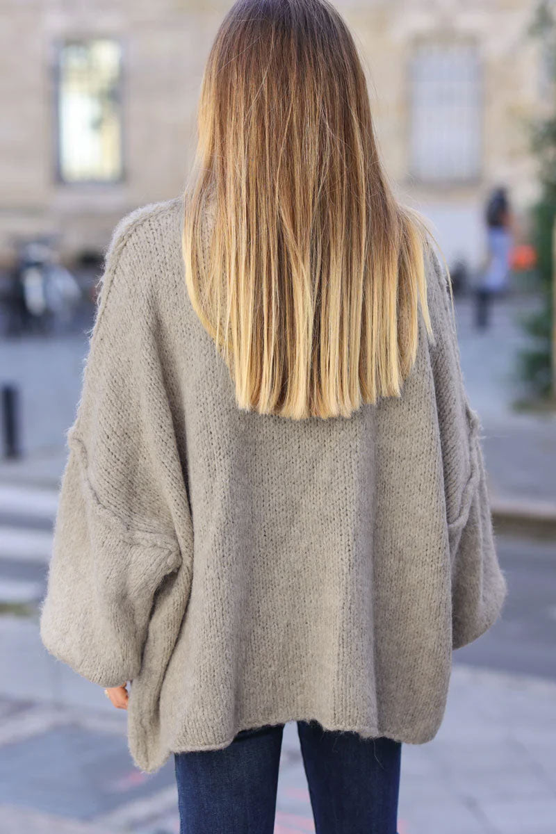 Beige Chunky Knit Sweater Oversized and Funnel Neck