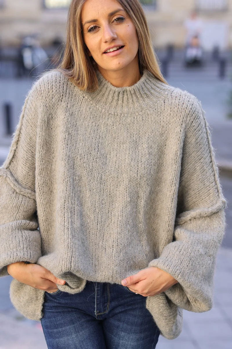Beige Chunky Knit Sweater Oversized and Funnel Neck