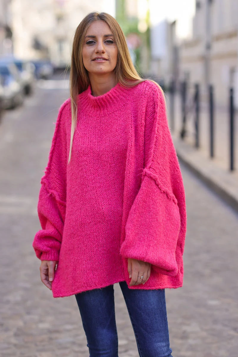 Fuchsia Chunky Knit Sweater Oversized and Funnel Neck