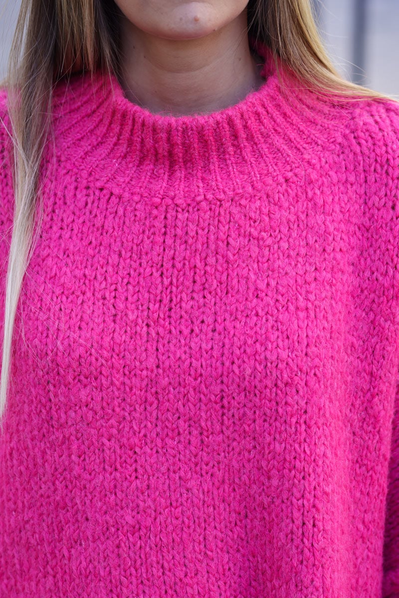 Fuchsia Chunky Knit Sweater Oversized and Funnel Neck