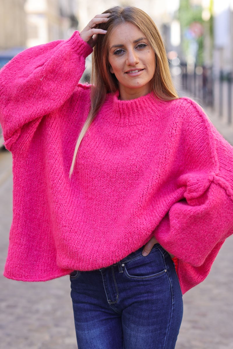 Fuchsia Chunky Knit Sweater Oversized and Funnel Neck