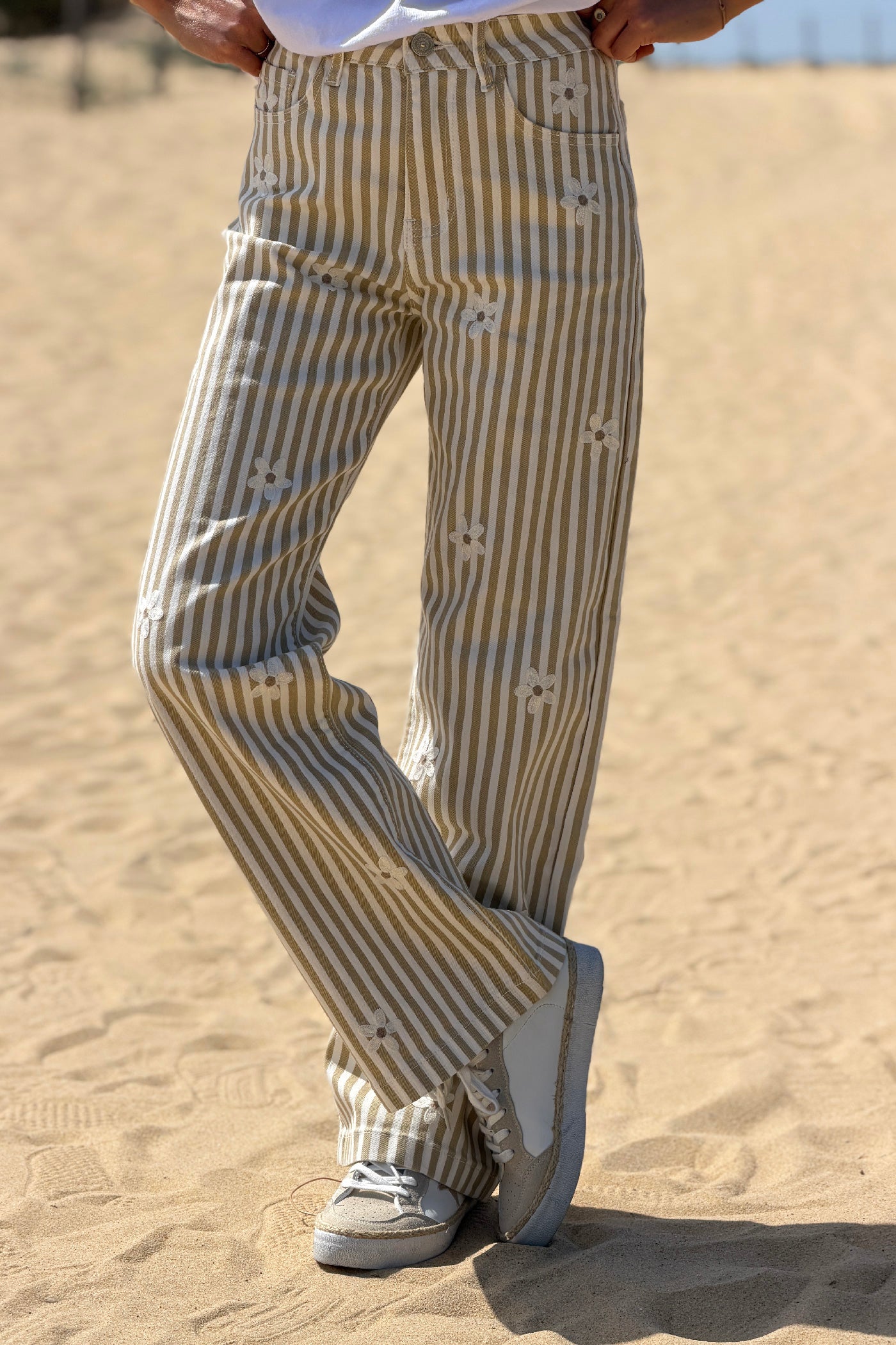 Beige Pinstripe Embroidered Daisy Pants