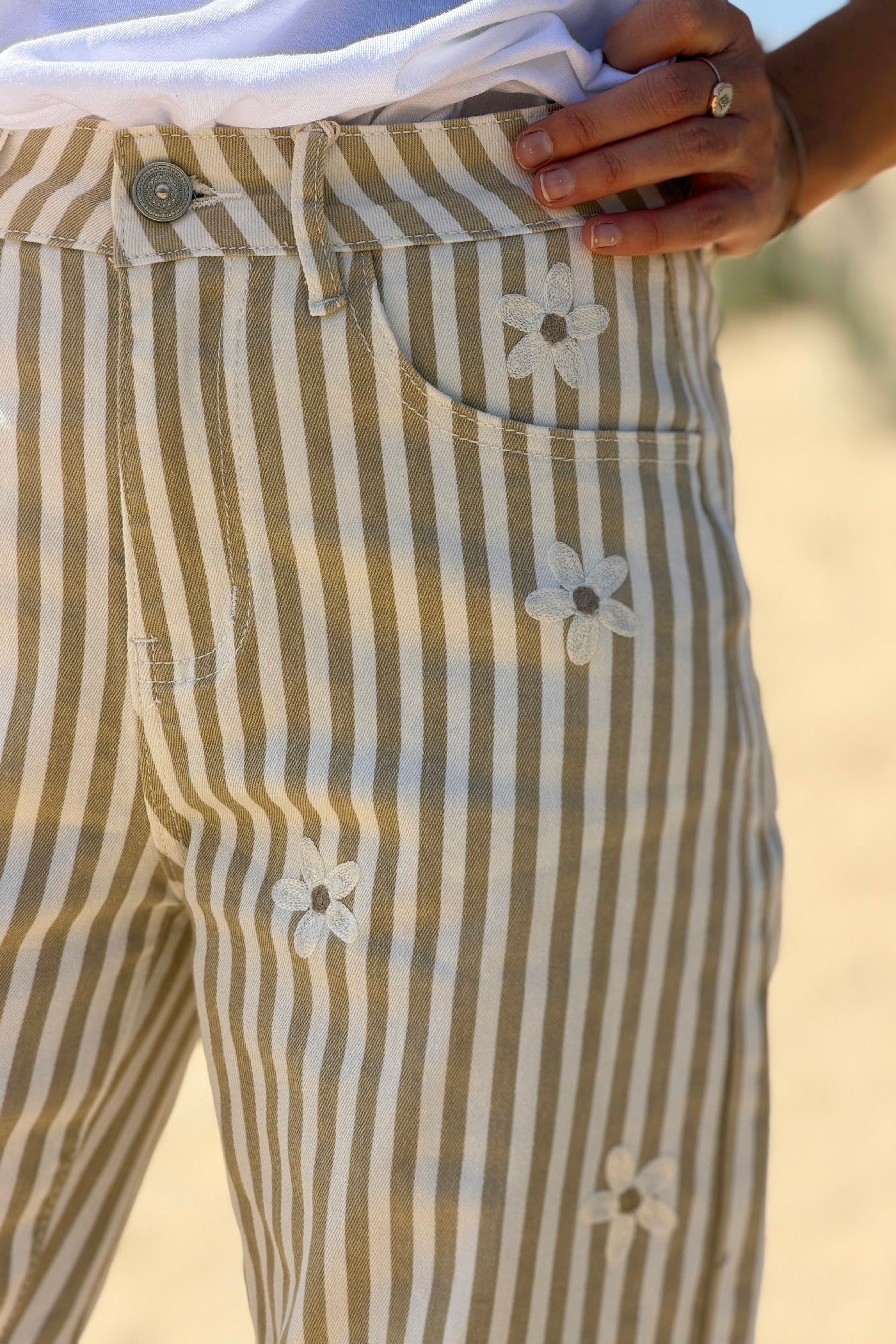 Beige Pinstripe Embroidered Daisy Pants