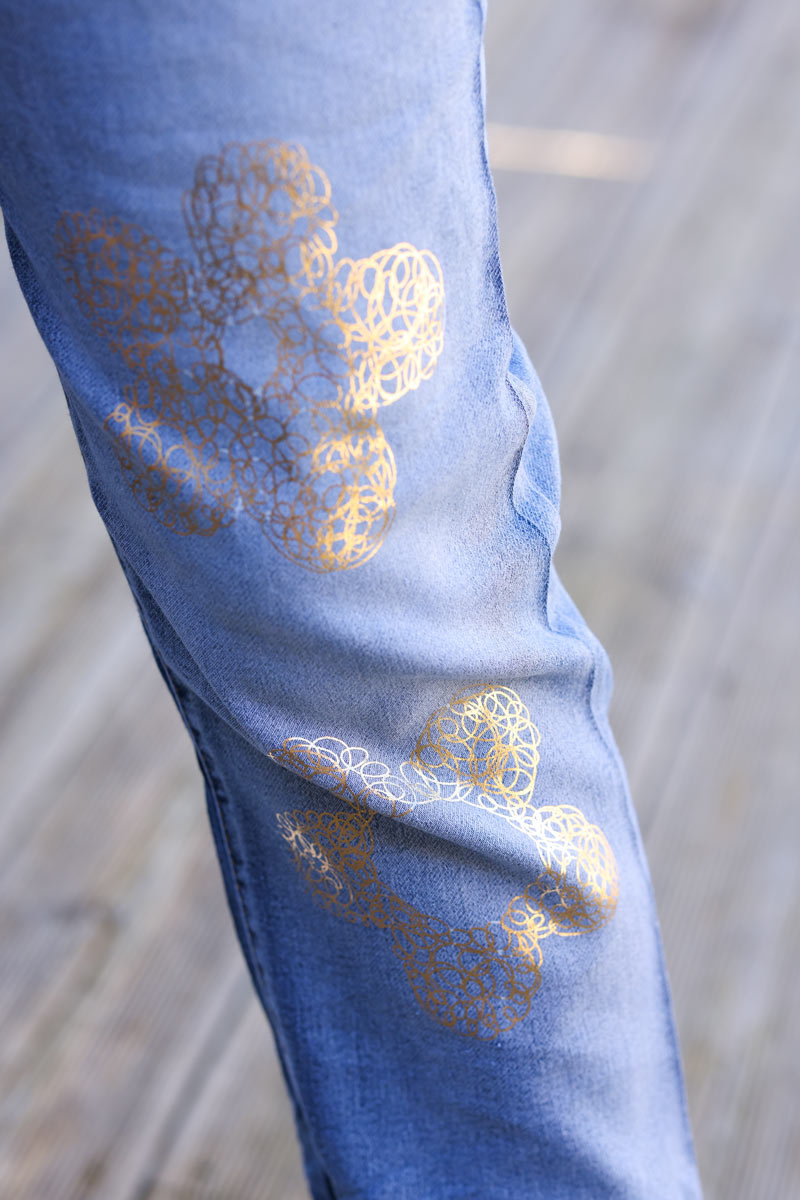 Jean délavé extra confort ceinture élastique fleurs dorées