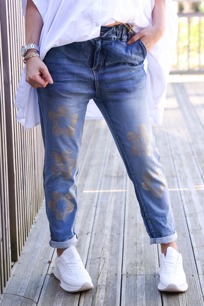 Jean délavé extra confort ceinture élastique fleurs dorées