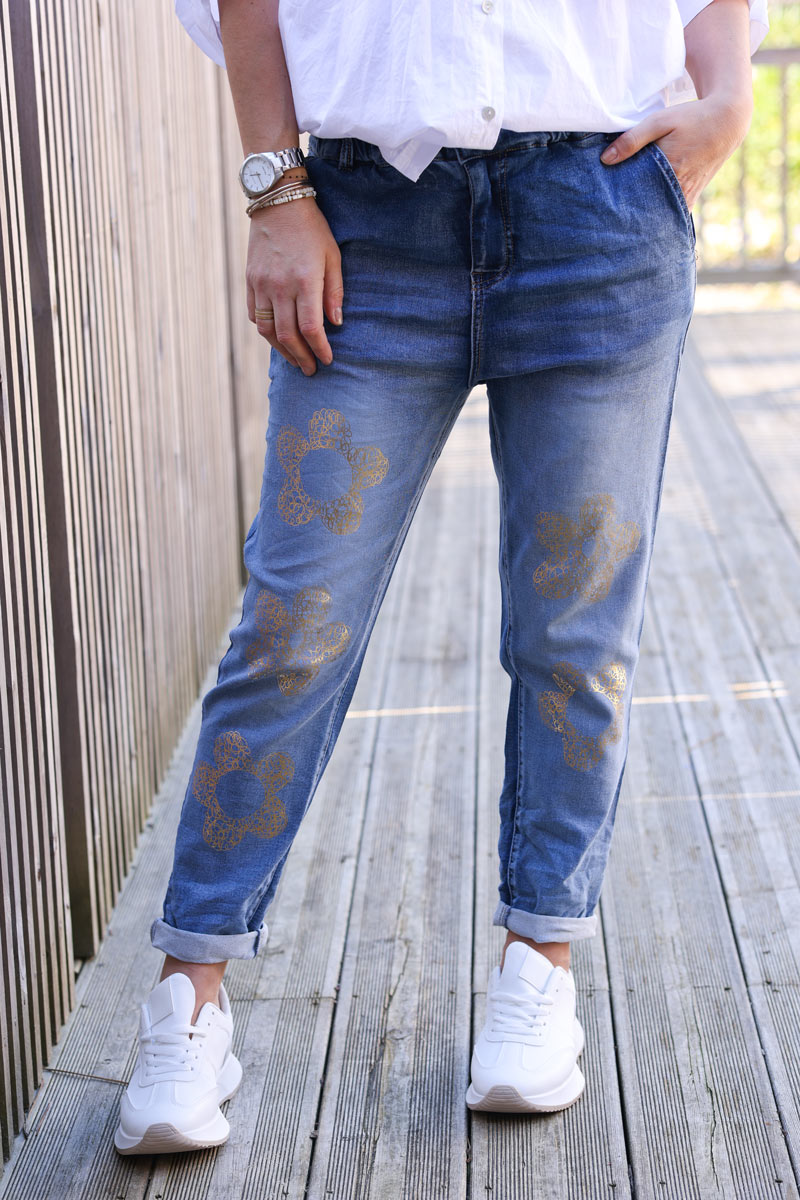 Jean délavé extra confort ceinture élastique fleurs dorées