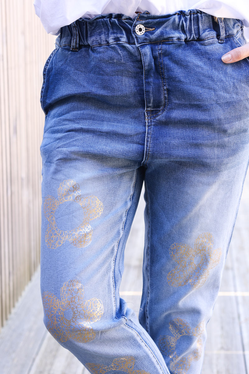 Jean délavé extra confort ceinture élastique fleurs dorées