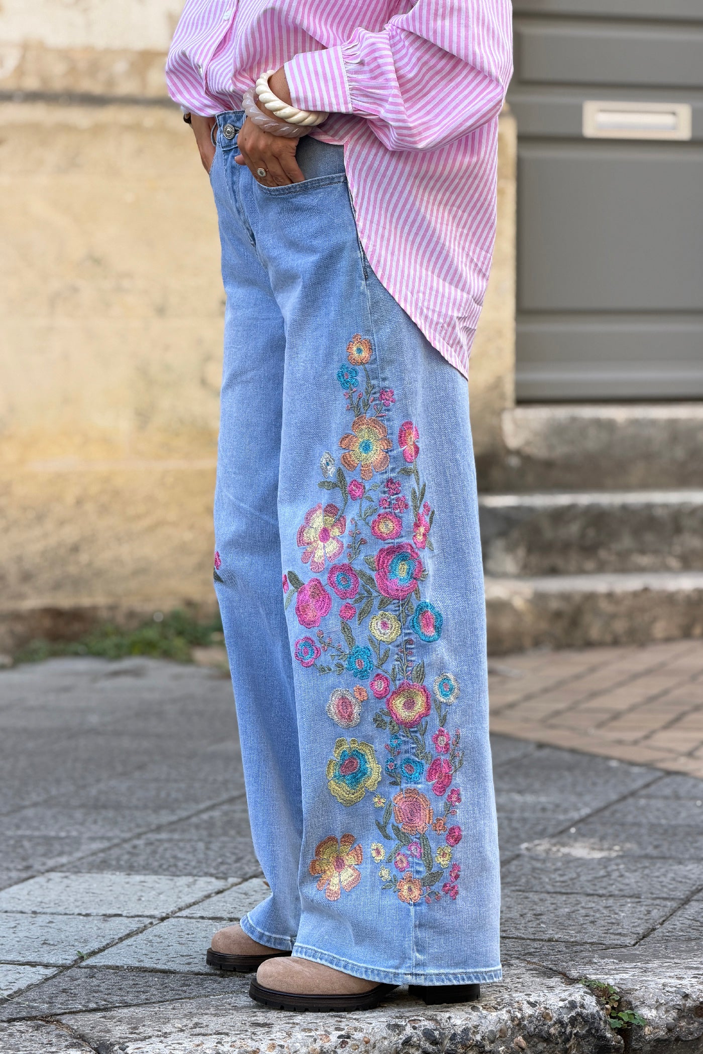 Light Blue Jean Embroidered Floral Wide-Leg Jeans
