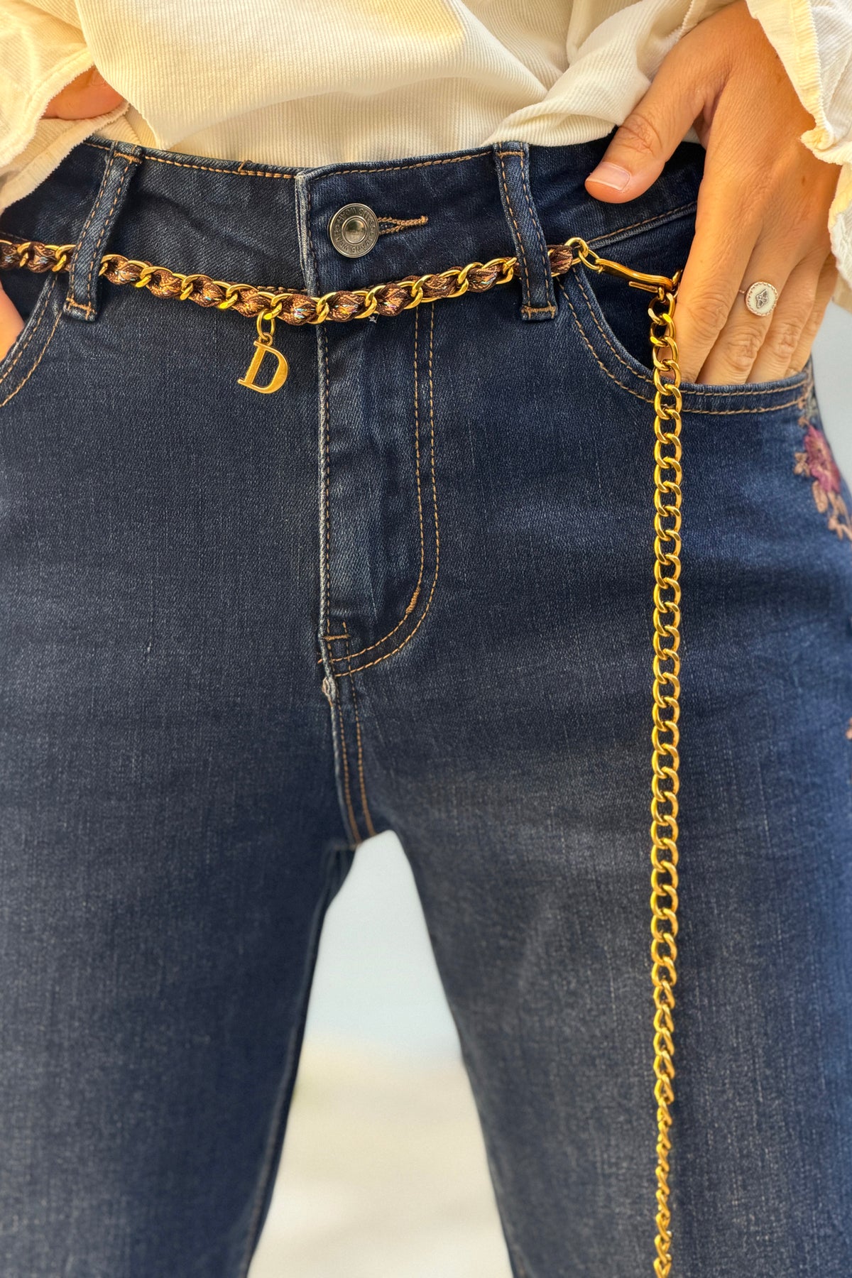 Indigo Embroidered Daisy Chain Straight-Leg Jeans
