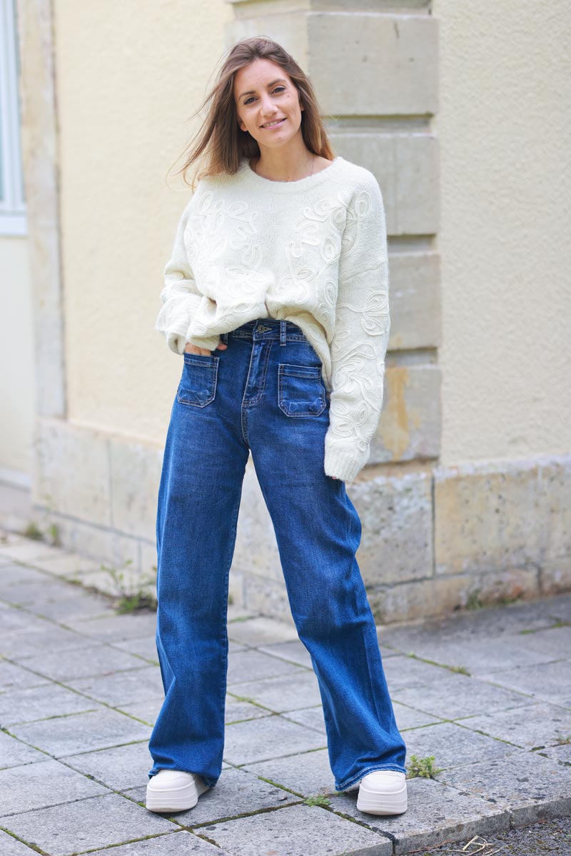 Jean foncé coupe wide très large petites poches plaquées avant
