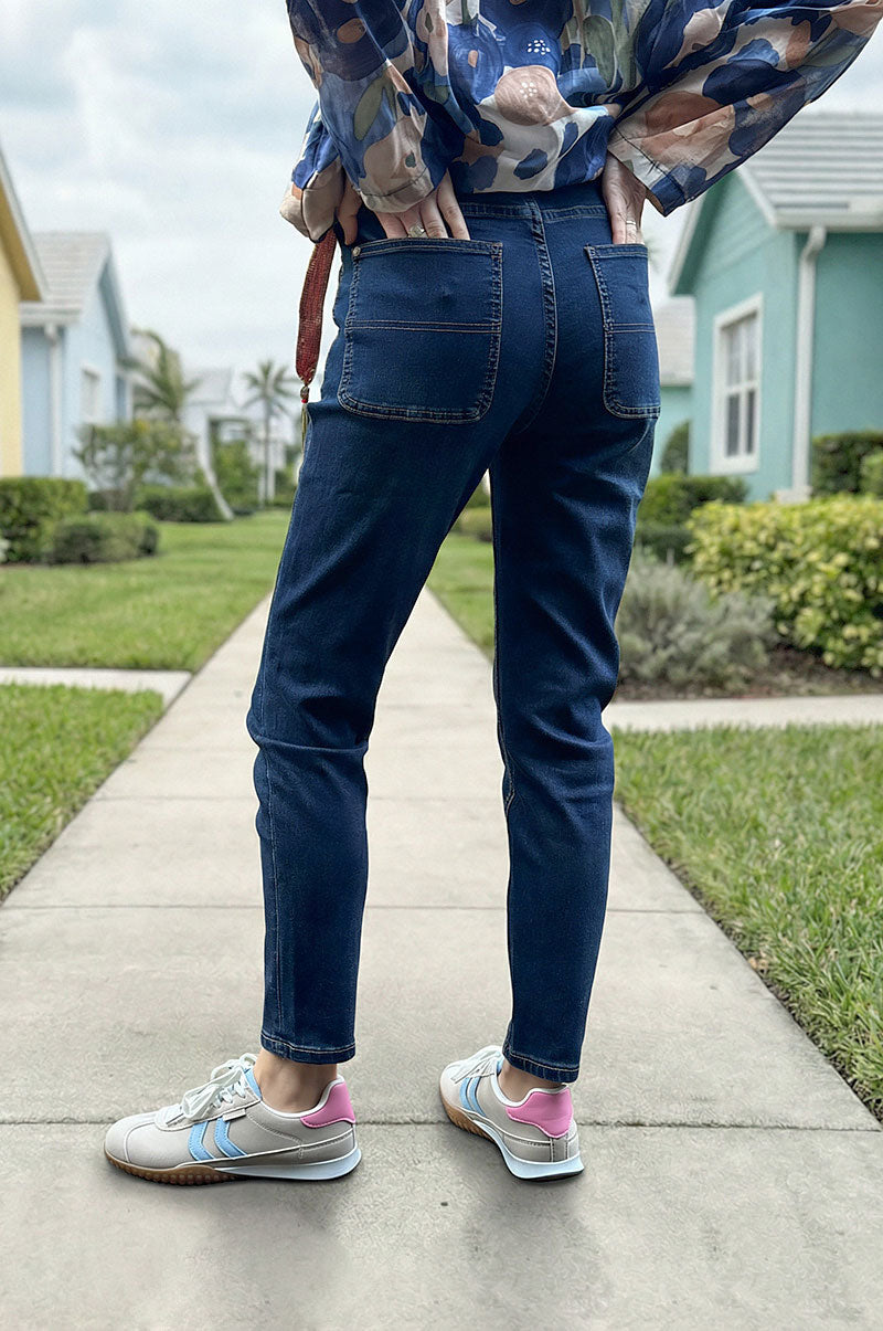 Dark Wash Straight Leg Denim Jeans with Tassel Belt